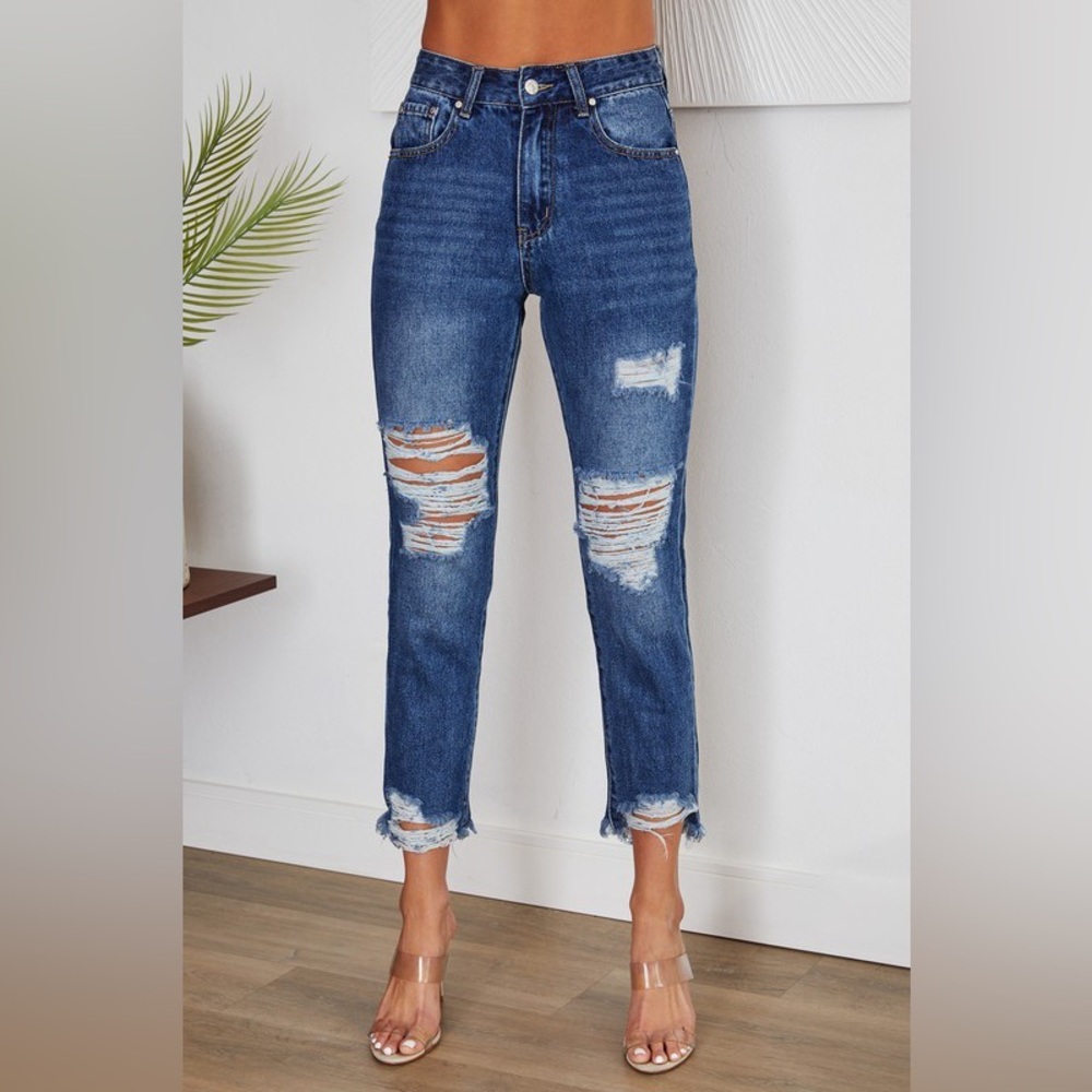 (H9616-DNM) STRAIGHT LEG DENIM PANTS WITH DISTRESSED HEM AND KNEES - Picture 1 of 4